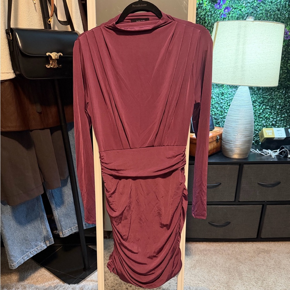 Long-Sleeve Ruched Midi Dress in Burgundy
